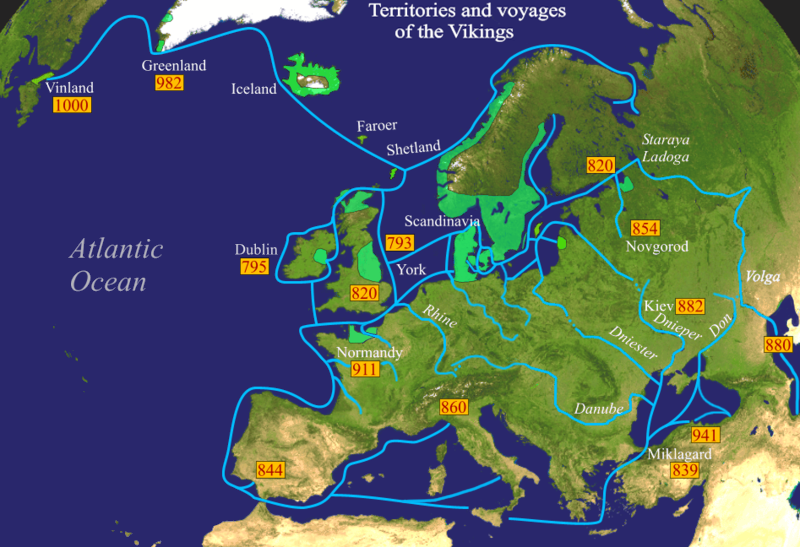 Viking expeditions (blue lines) show the extensive reach of Swedish Vikings eastward and southward.