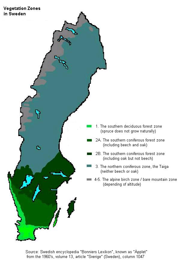 Map of Sweden's five major vegetation zones.