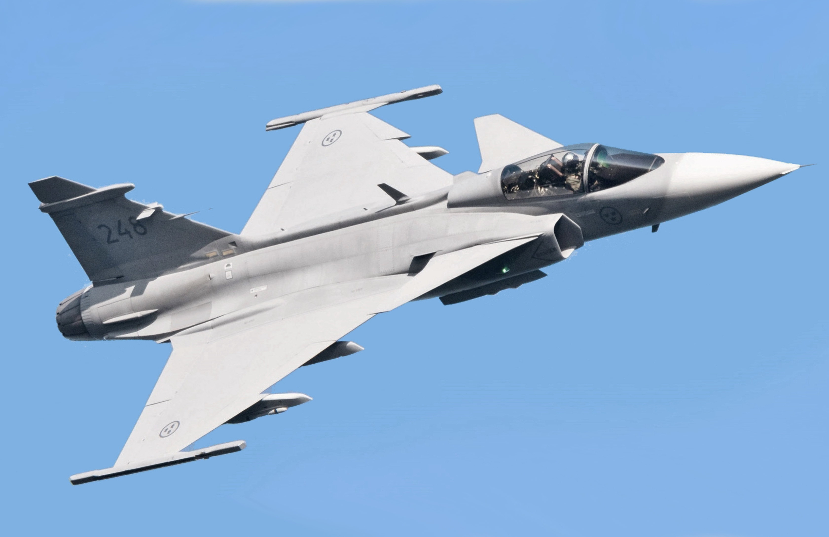 The Saab JAS 39 Gripen, a Swedish multi-role fighter aircraft of the Swedish Air Force.