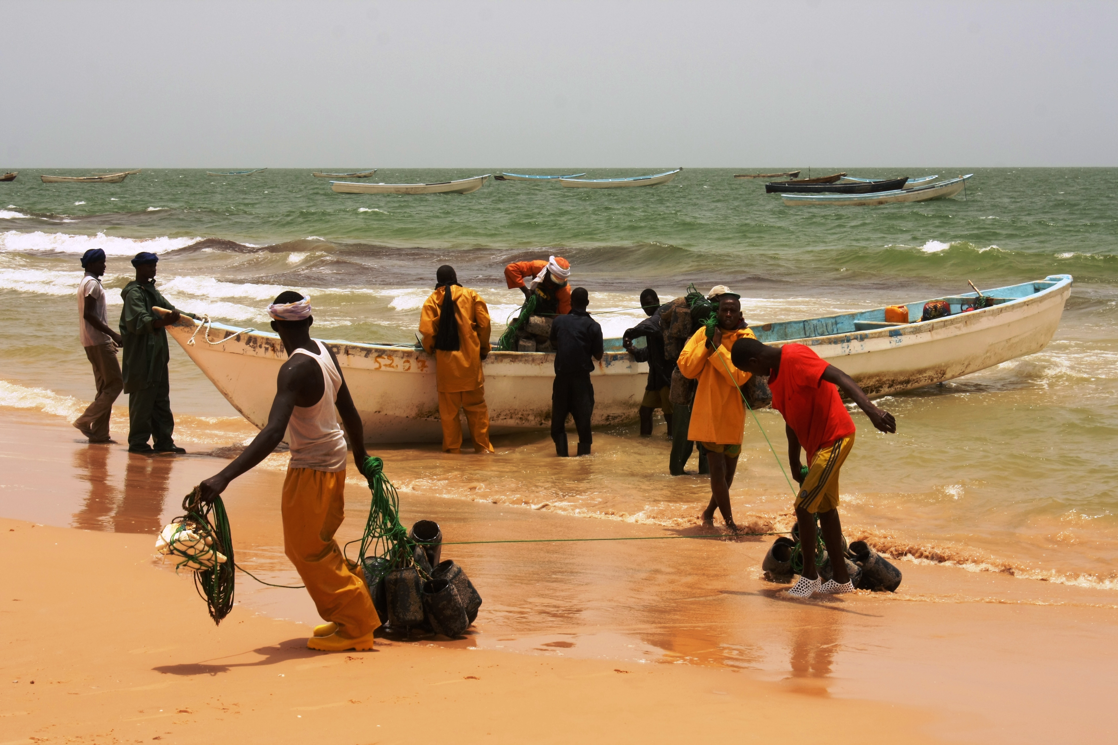 Ngư dân Mauritanie trở về đất liền sau chuyến đánh bắt bạch tuộc.