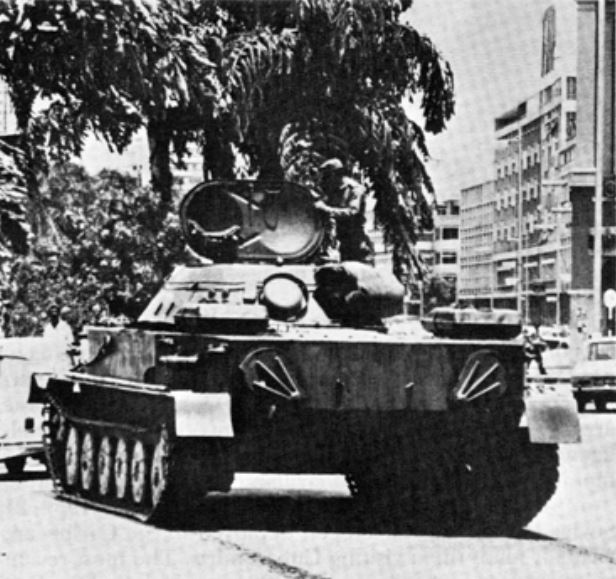 Soviet made Cuban PT-76 tank in Luanda during the Cuban intervention in Angola, 1976