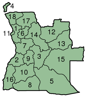 Map of Angola with the provinces numbered.