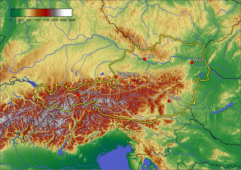 A topographic map of Austria showing major cities and geographical features.