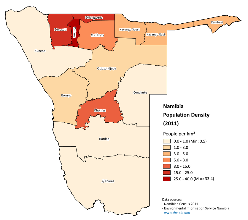 Kepadatan penduduk di Namibia mengikut wilayah (banci 2011)