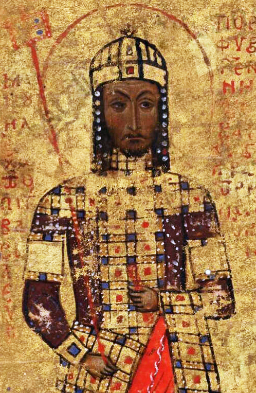 A bearded man wearing a crown