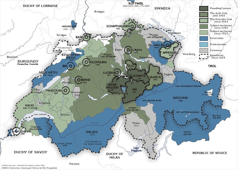 The Old Swiss Confederacy from 1291 (dark green) to the sixteenth century (light green) and its associates (blue). Subject territories are shown in other colors.