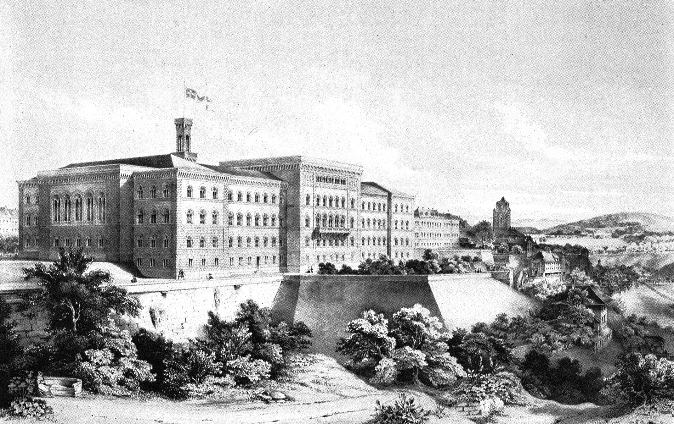 Istana Persekutuan pertama di Bern (1857). Salah satu daripada tiga kanton yang mempengerusikan Tagsatzung (bekas majlis perundangan dan eksekutif), Bern dipilih sebagai kerusi tetap institusi perundangan dan eksekutif persekutuan pada tahun 1848, sebahagiannya kerana kedekatannya dengan kawasan berbahasa Perancis.