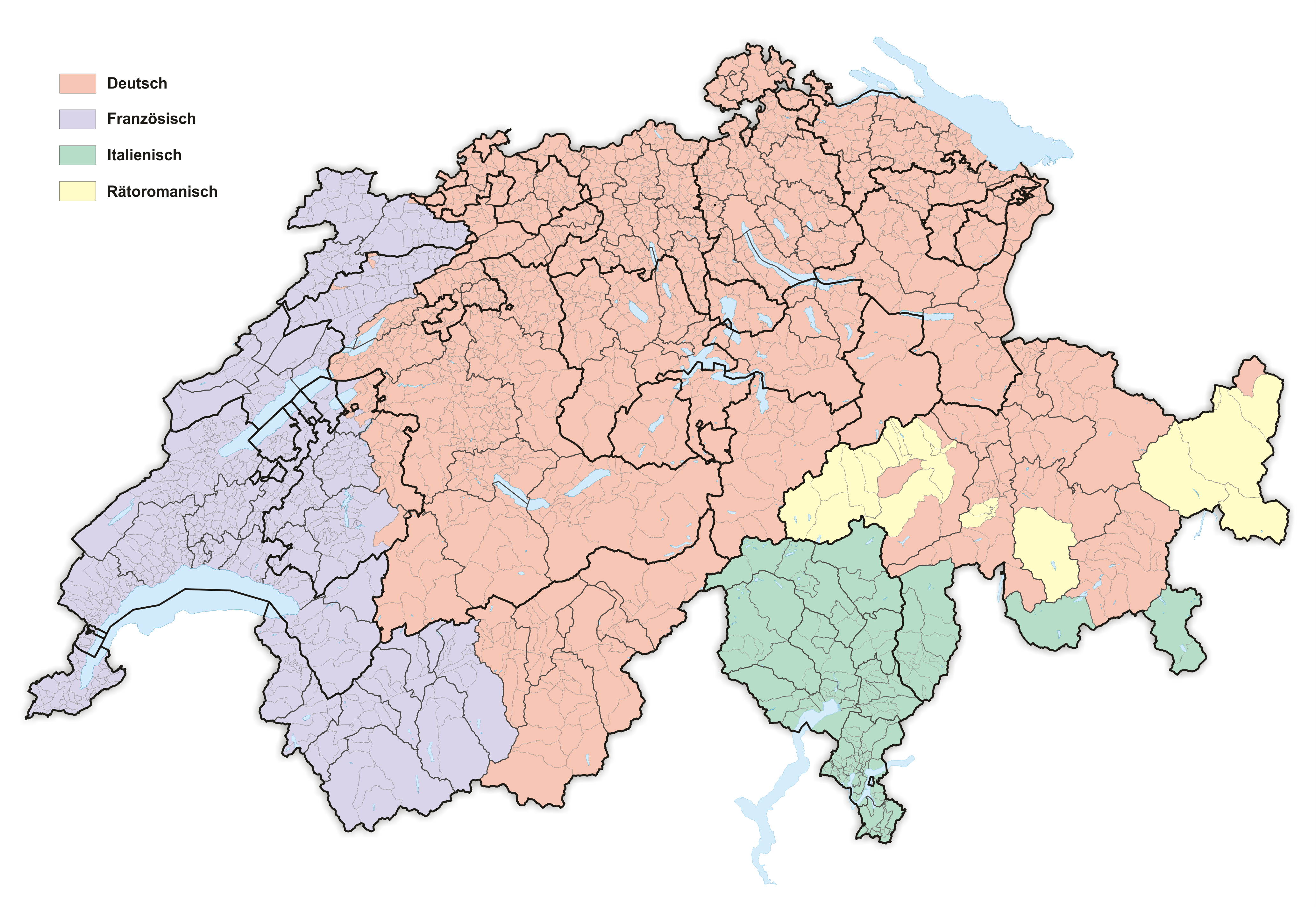 Map showing the distribution of national languages in Switzerland (2016 figures): German (62.8%), French (22.9%), Italian (8.2%), and Romansh (0.5%).