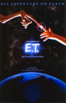 포스터는 지구, E.T.의 손가락에 닿는 아이의 손가락, 접촉 시 깜박이는 불빛을 보여준다. 맨 위 제목은 