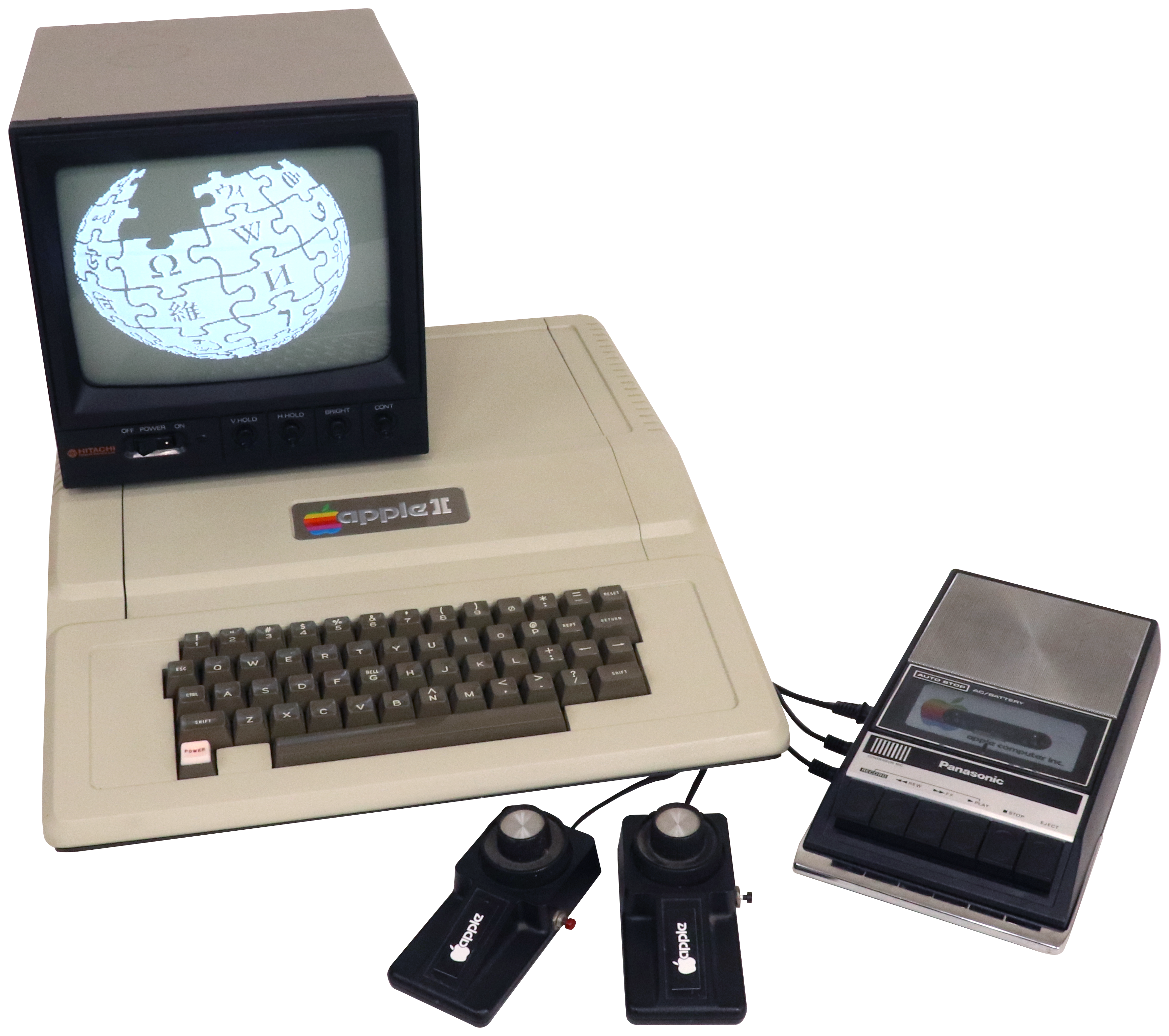 1977년의 일반적인 구성의 Apple II. 9인치 흑백 모니터, 게임 패들, 레드 북 권장 PanasonicRQ-309DS 카세트 데크로 구성
