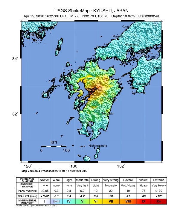 2016년 4월 16일 지진에 대한 미국 지질 조사국 진도 지도