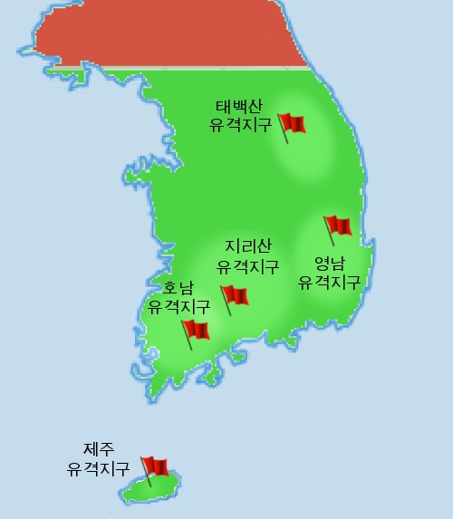 แผนที่แสดงพื้นที่ที่มีกองโจรปรากฏตัวก่อนสงครามเกาหลี (ค.ศ. 1949)