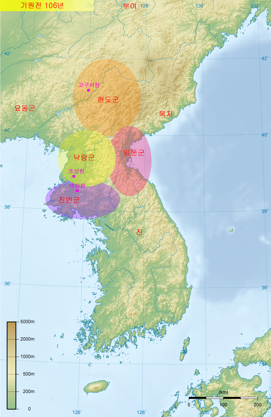The Four Commanderies of Han, established in the former territory of Gojoseon after the fall of Wiman Joseon. The location of the commanderies has become a controversial topic in Korea in recent years. However, the location of the commanderies is not controversial outside of Korea.