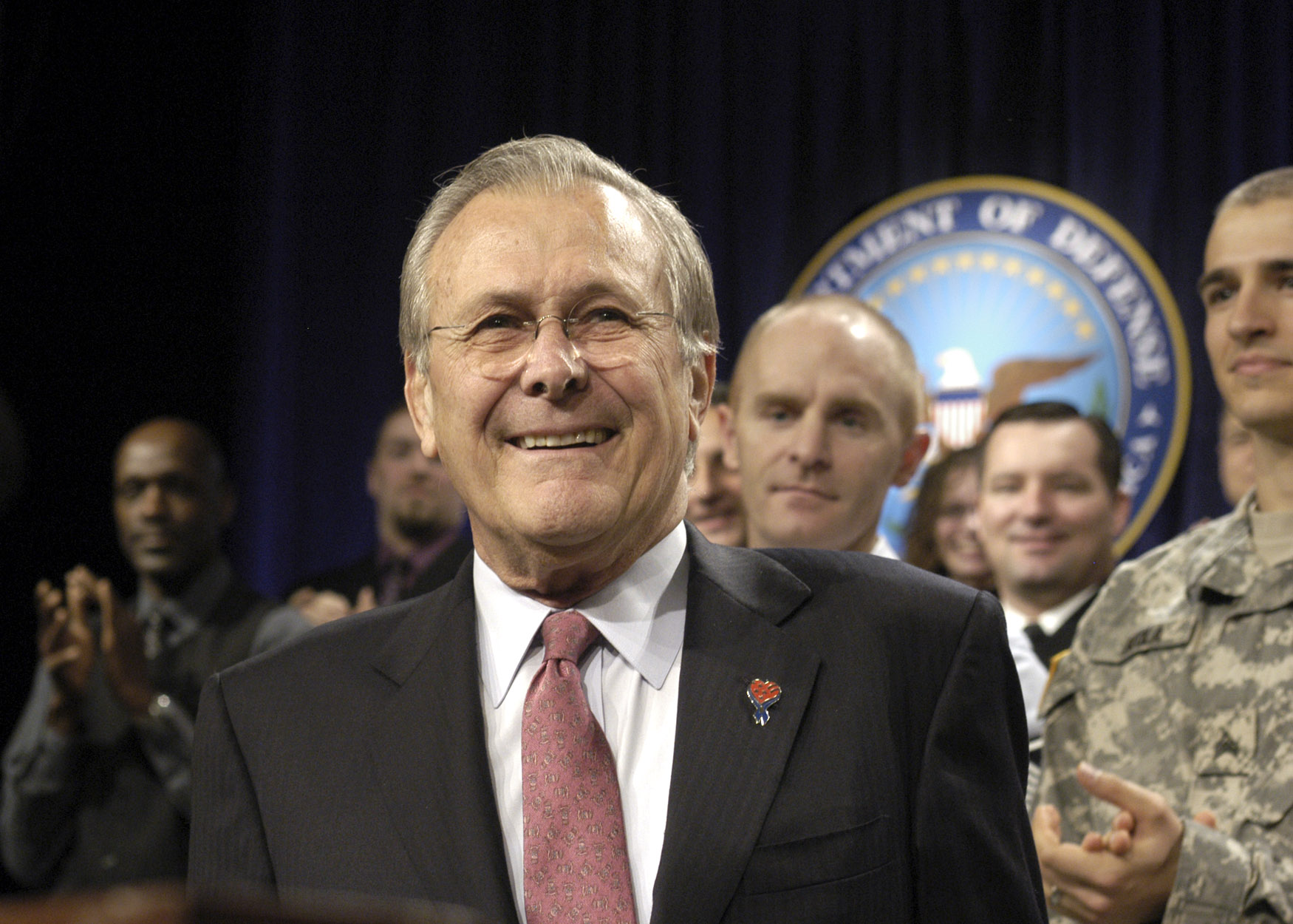 Rumsfeld in the Pentagon auditorium for his final meeting with Pentagon employees, December 8, 2006.