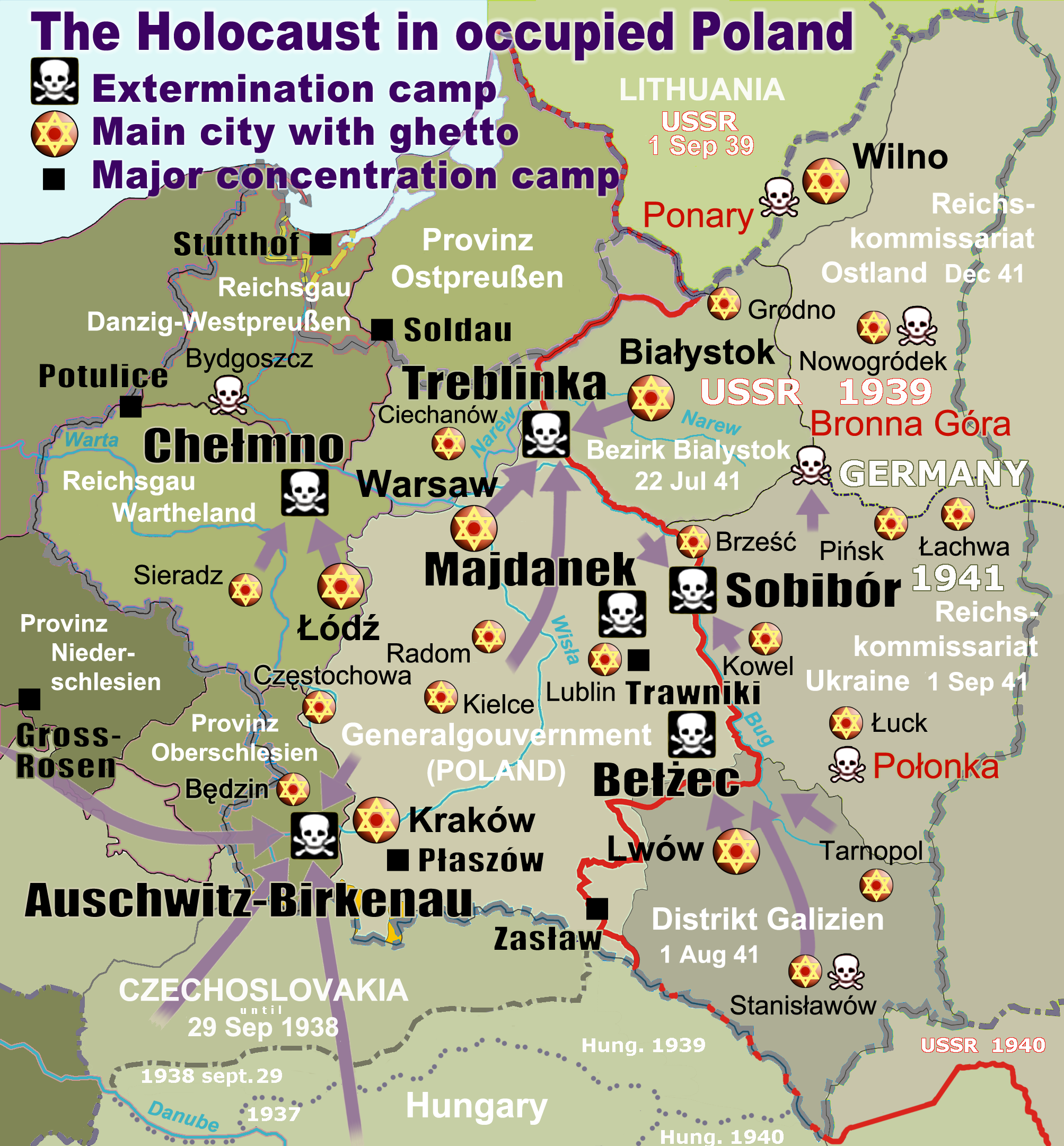 Map of the Holocaust in German-occupied Poland with deportation routes and massacre sites. Major ghettos are marked with yellow stars. Nazi extermination camps are marked with white skulls in black squares. The border in 1941 between Nazi Germany and the Soviet Union is marked in red