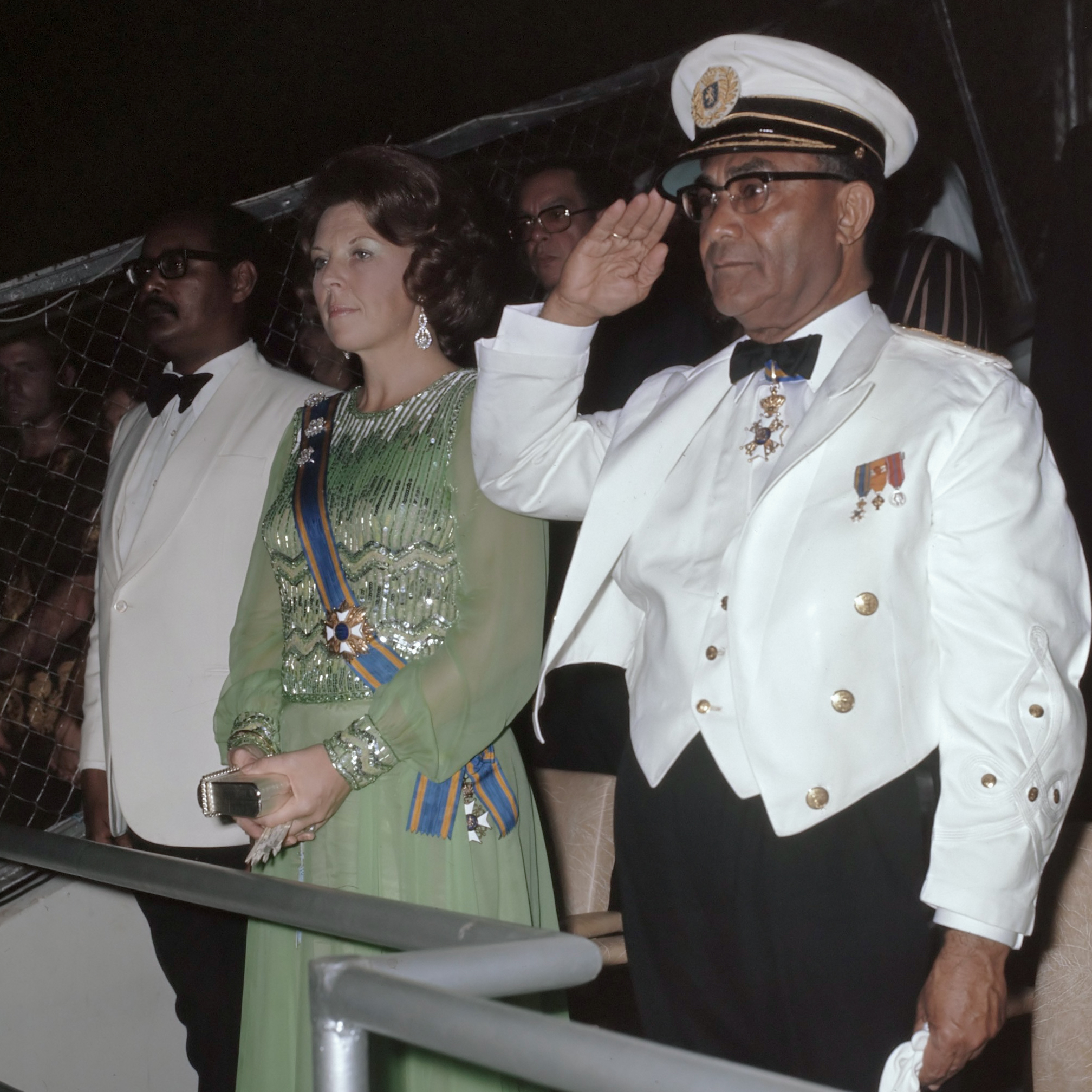 Henck Arron (left), Princess Beatrix (center), and Johan Ferrier (right) on November 25, 1975, the day Suriname gained independence. This event marked a pivotal moment in the nation's history, achieved through negotiations rather than conflict.