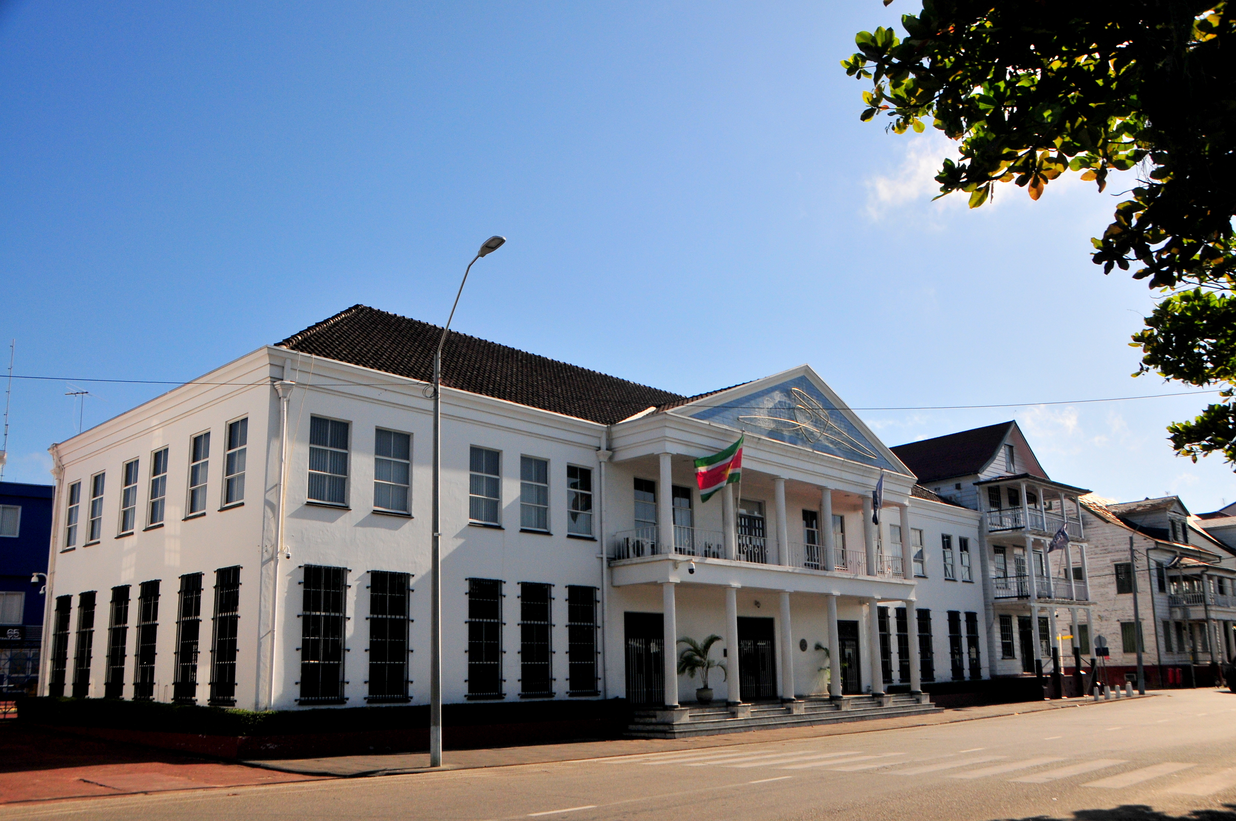 The Central Bank of Suriname building in Paramaribo, responsible for monetary policy and financial stability.