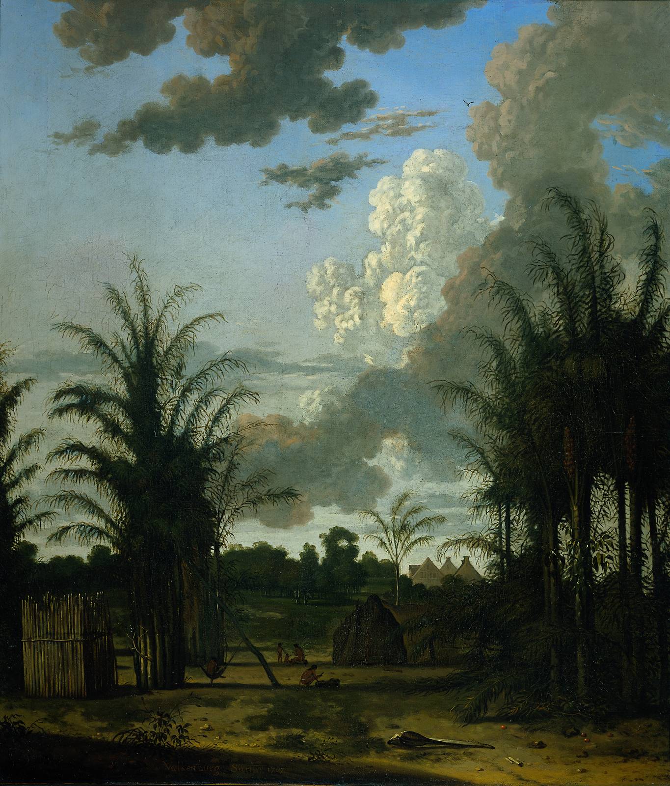 A depiction of a plantation in Suriname, dating from 1707, illustrating the colonial agricultural system.