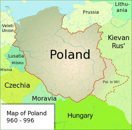 Poland under the rule of Mieszko I, whose acceptance of Christianity under the auspices of the Roman Church and the Baptism of Poland marked the beginning of statehood in 966