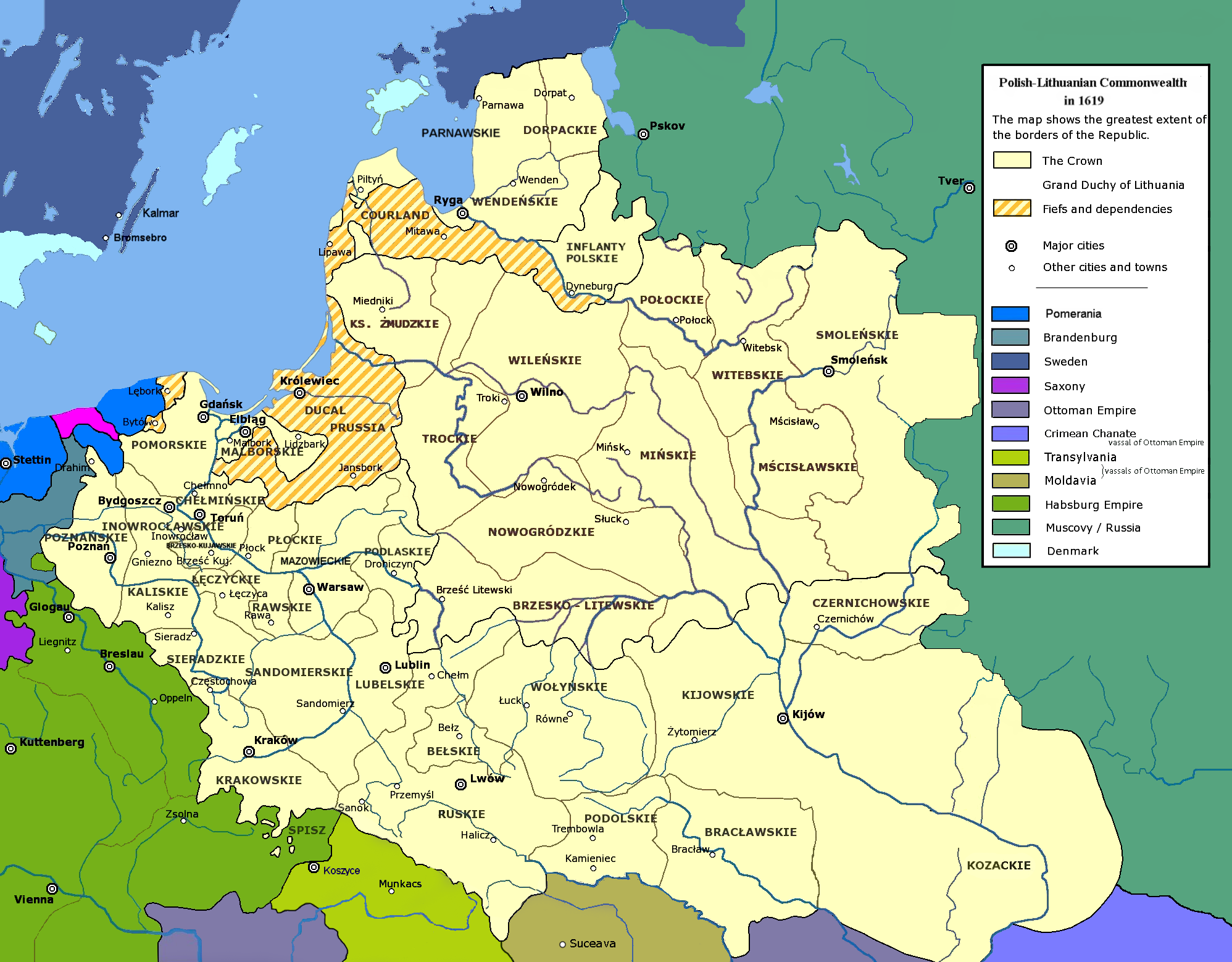 The Polish-Lithuanian Commonwealth at its greatest extent in 1619. At that time it was the largest country in Europe