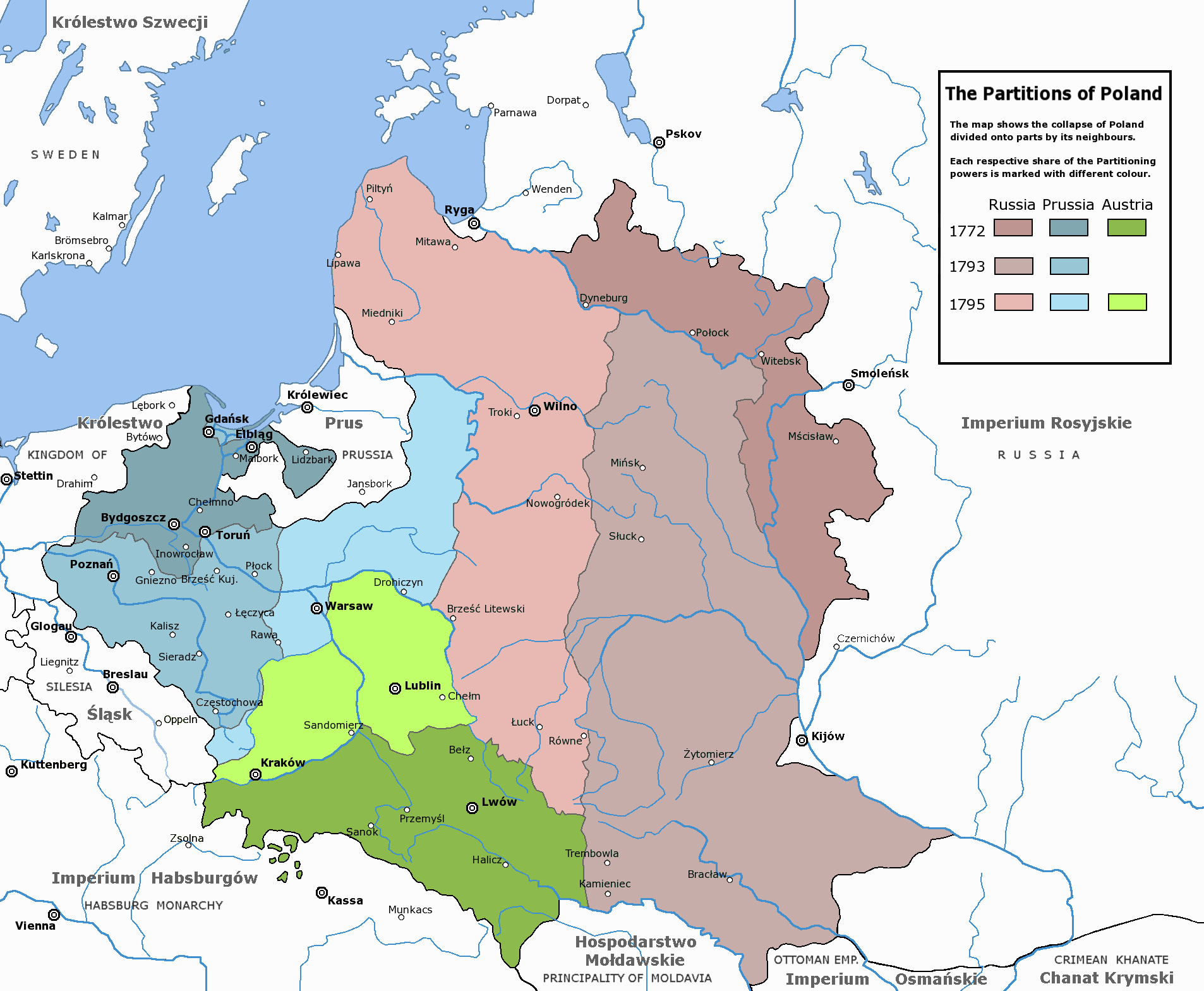 The partitions of Poland, carried out by the Kingdom of Prussia (blue), the Russian Empire (brown), and the Austrian Habsburg Monarchy (green) in 1772, 1793 and 1795