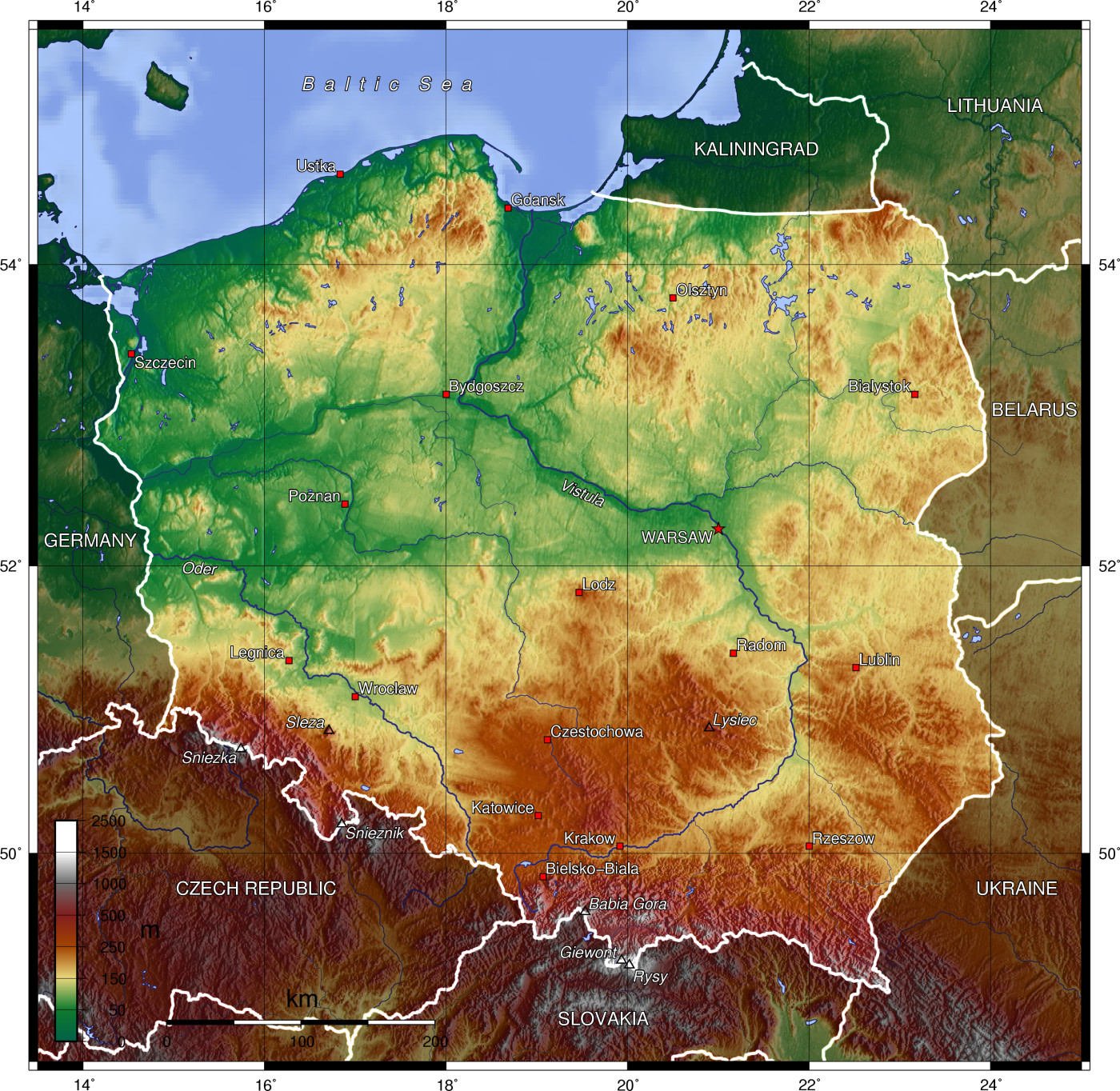 Topographic map of Poland