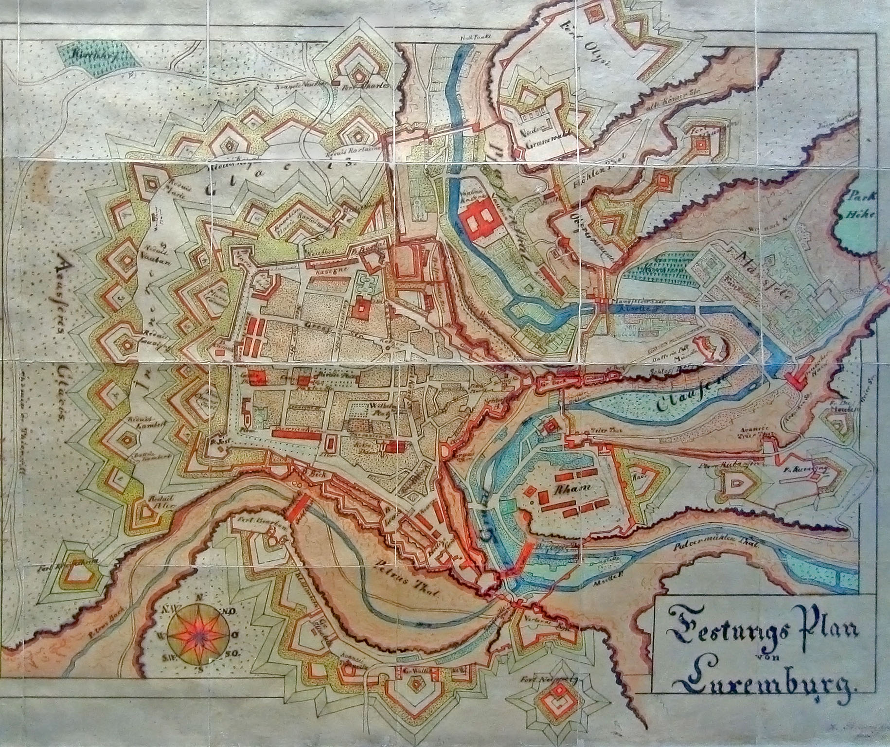 Historic map (undated) of Luxembourg City's fortifications