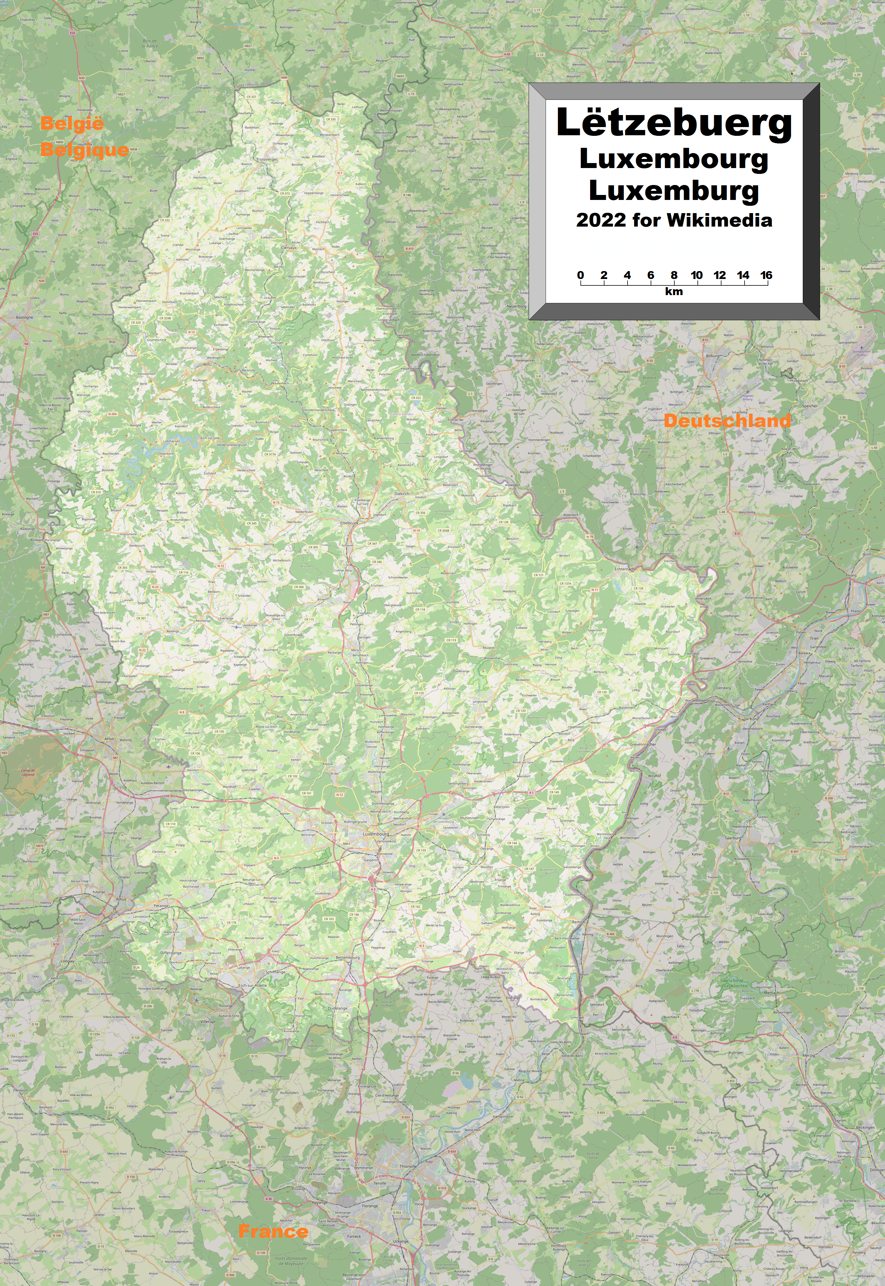 The largest towns are Luxembourg, Esch-sur-Alzette, Dudelange, and Differdange.