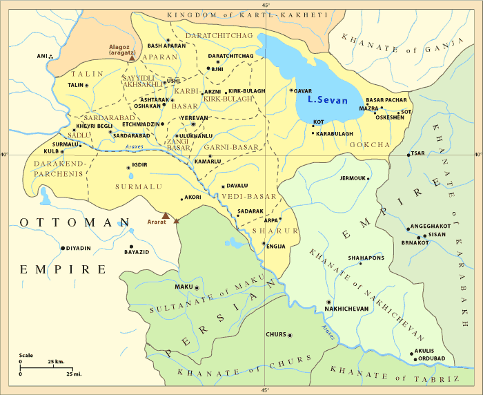 Oblast Armenia (1828-1840) mencakup wilayah bekas kekhanan Erivan (ditandai kuning) dan Nakhichevan (ditandai hijau muda).