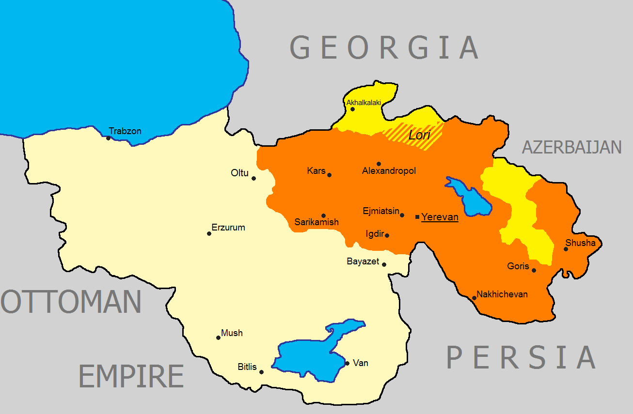 Peta Republik Armenia Pertama. Wilayah yang dikuasai oleh Armenia dan Dewan Karabakh pada suatu waktu ditunjukkan dengan warna oranye. Area yang diberikan kepada Armenia oleh Traktat Sèvres (yang tidak pernah ditegakkan) ditunjukkan dengan warna krem.