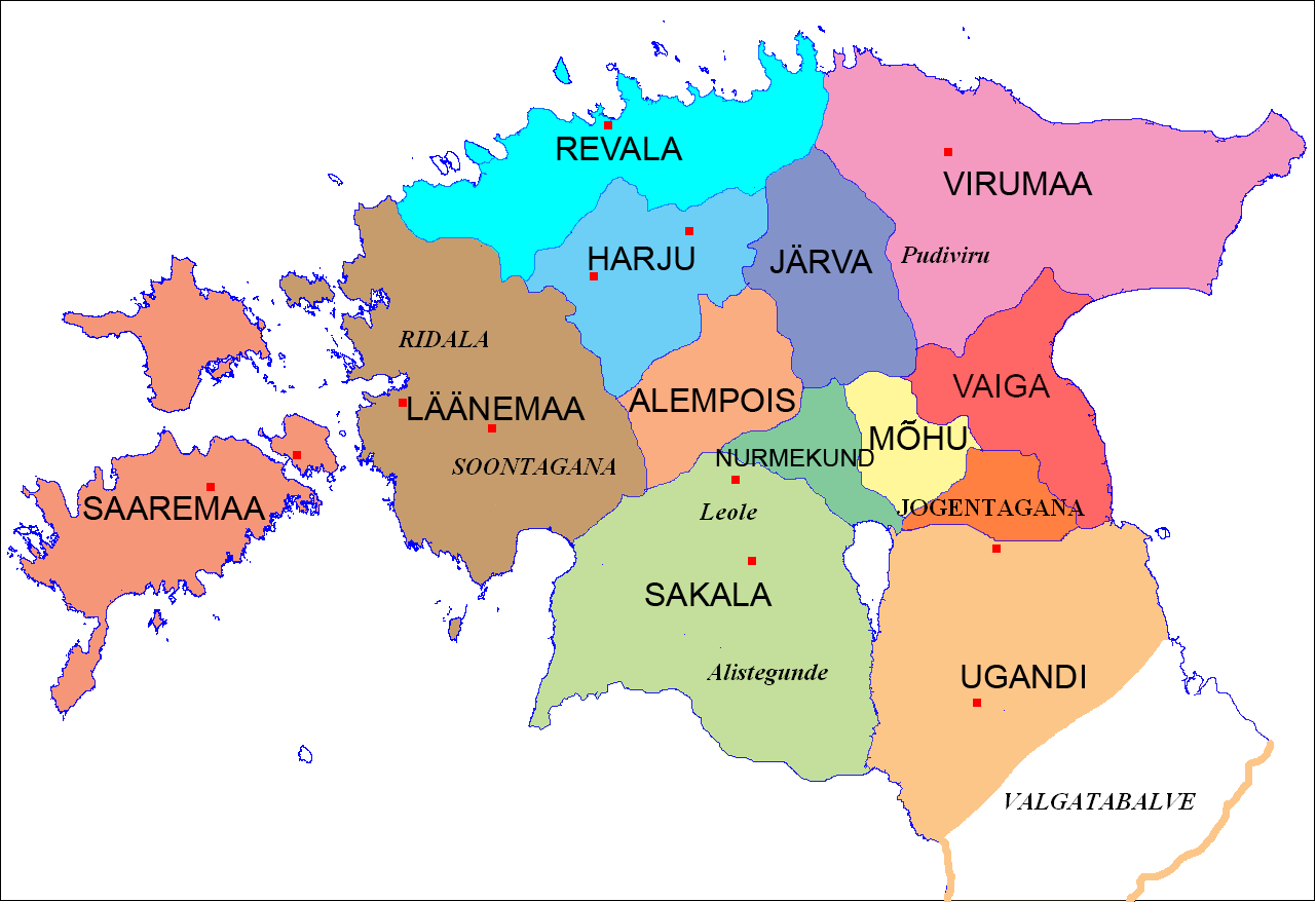 Independent counties of Ancient Estonia at the beginning of the 13th century. These early political units formed the basis of later administrative divisions.