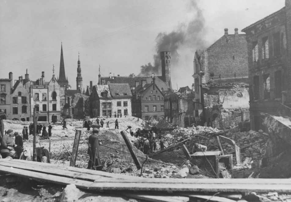 The historic Old Town of Tallinn after the devastating bombing by the Soviet Air Force in March 1944. The attacks caused significant civilian casualties and destruction of cultural heritage.