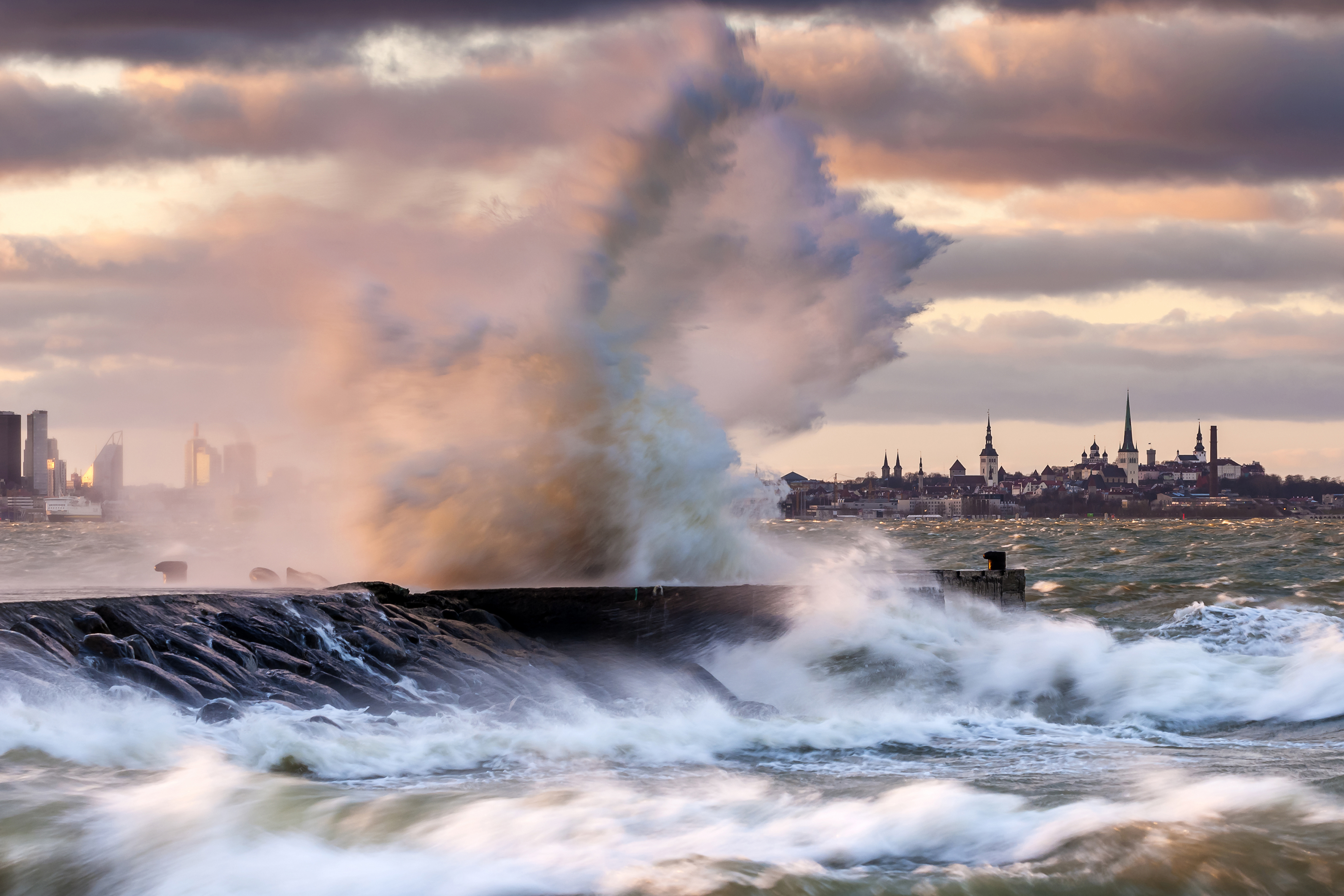 Tallinn Bay during stormy weather in December. The Baltic Sea significantly influences Estonia's coastal climate, moderating temperatures but also contributing to windy conditions.