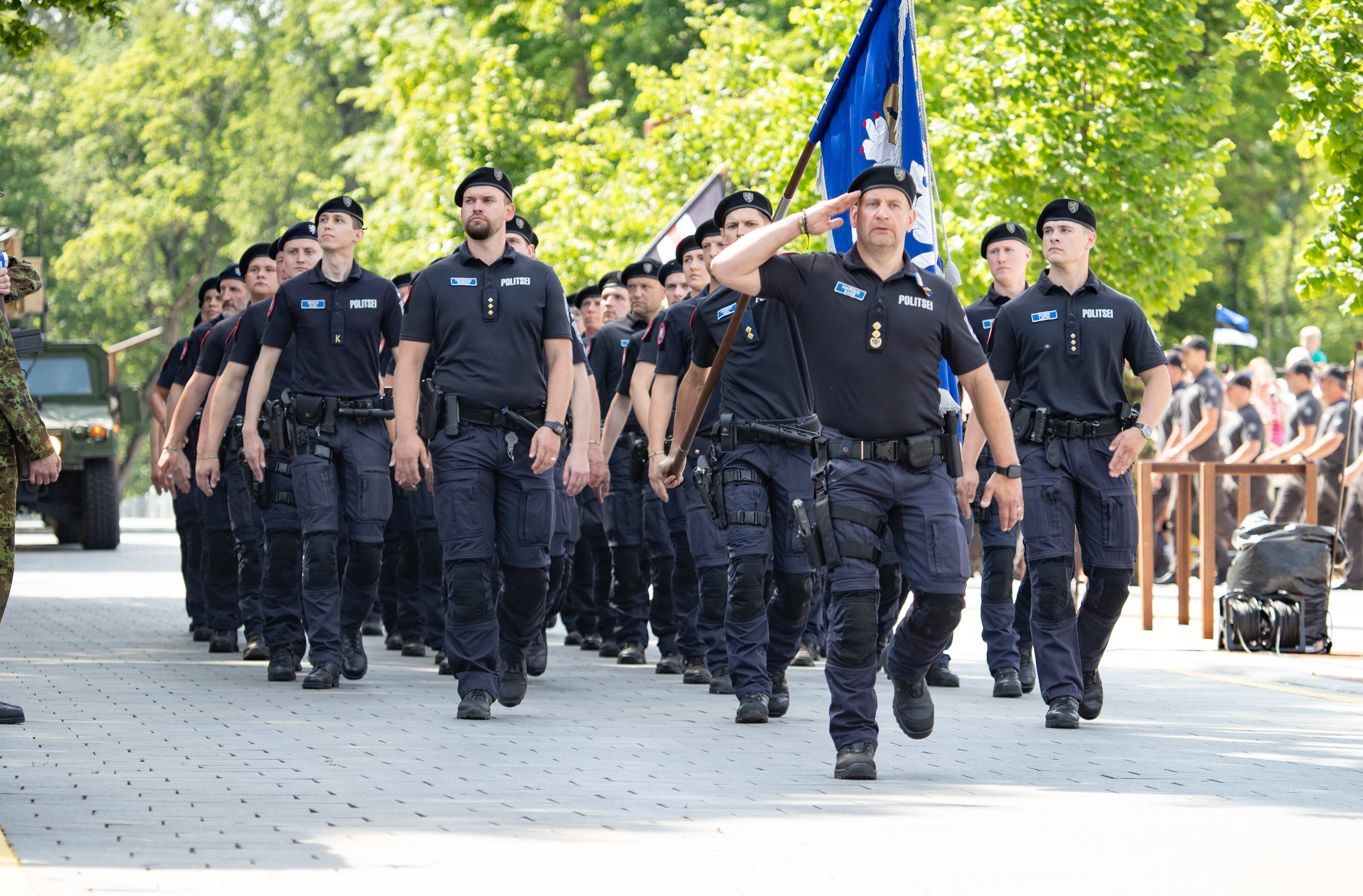 Estonian policemen at a Võidupüha (Victory Day) parade in Viljandi, 2023. The Police and Border Guard Board is responsible for public order and security.