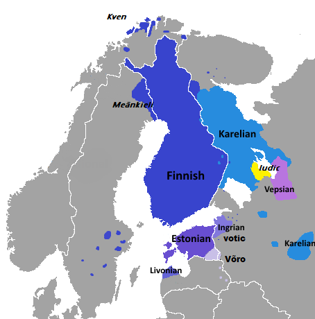 Distribution of Finnic languages in Northern Europe, showing Estonian's linguistic relatives such as Finnish and Karelian.