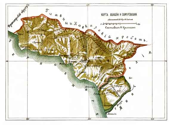 アブハジアとサムルザカノの地図。ロシア帝国の一部であった1899年のクタイシ県スフミ管区の境界を示す。