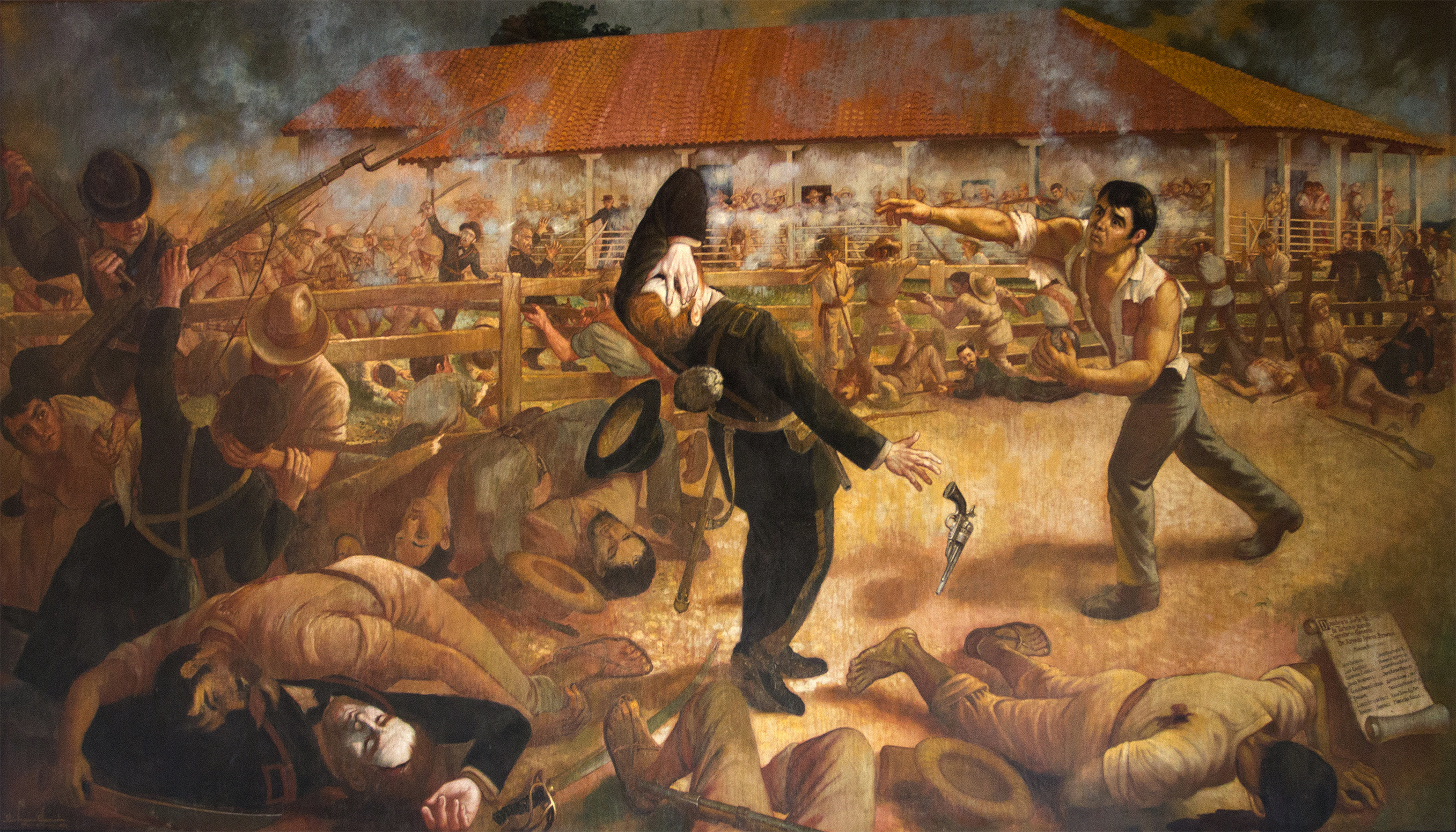 A portrait of the Battle of San Jacinto during the Filibuster War, a pivotal event in resisting foreign intervention.