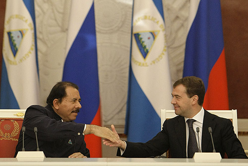 Nicaraguan president Daniel Ortega with then Russian President Dmitry Medvedev in Moscow in 2008, indicating a strengthening of ties.