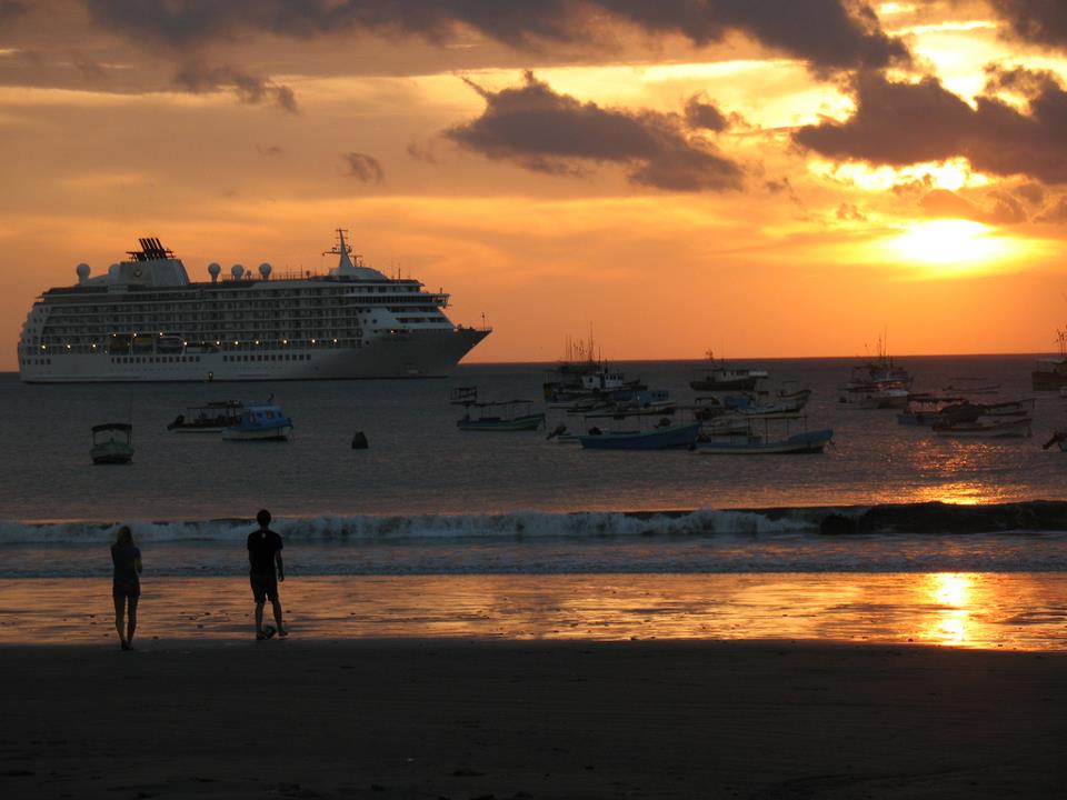 A Royal Caribbean cruise ship docked near the beach at San Juan del Sur in southern Nicaragua, a popular tourist destination.