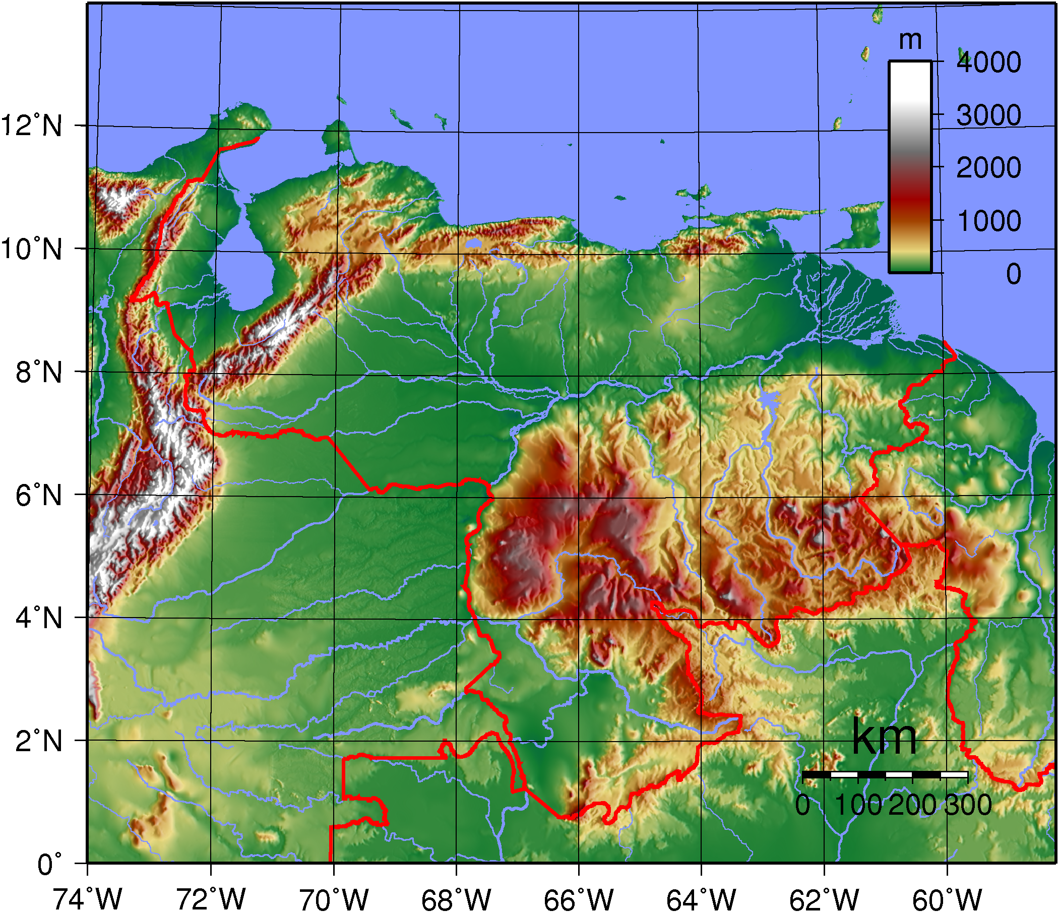 Topographic map of Venezuela