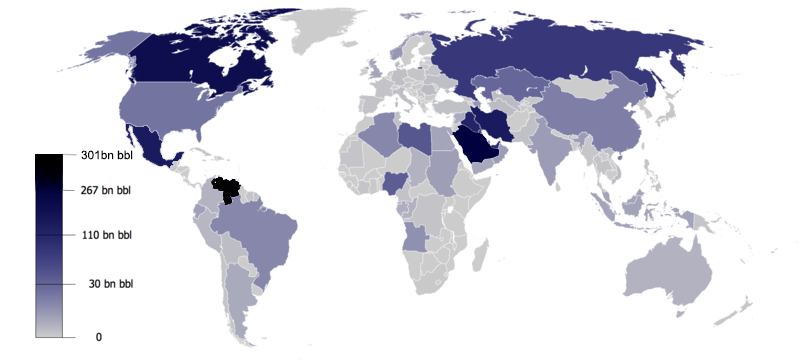 A map of world oil reserves according to OPEC, 2013. Venezuela has the world's largest oil reserves.