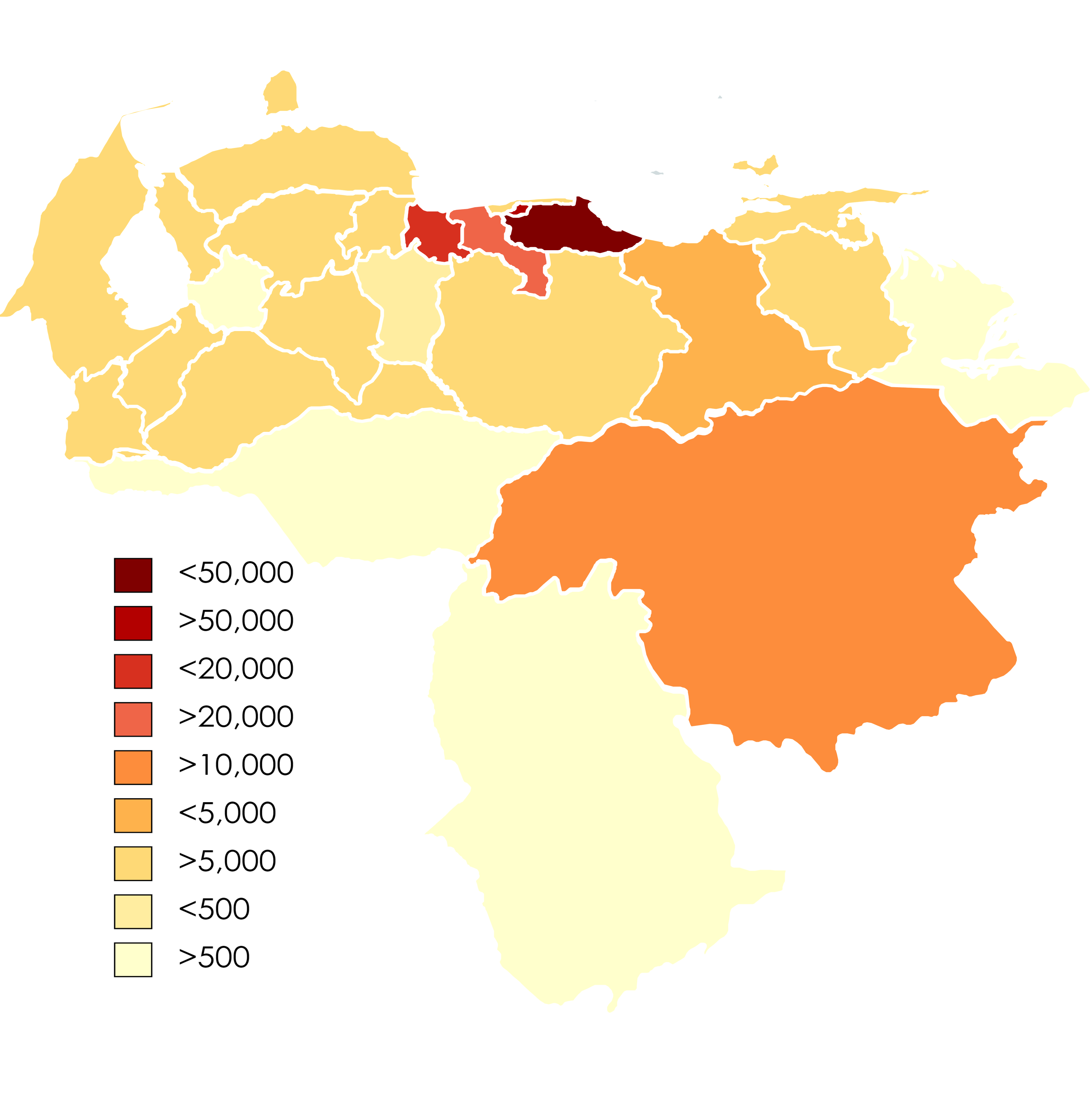Bản đồ thể hiện tỷ lệ dân số Venezuela có quốc tịch Tây Ban Nha hoặc những người cư trú tại Venezuela được khai báo là người Tây Ban Nha hoặc người có tổ tiên là người Tây Ban Nha gốc Iberia