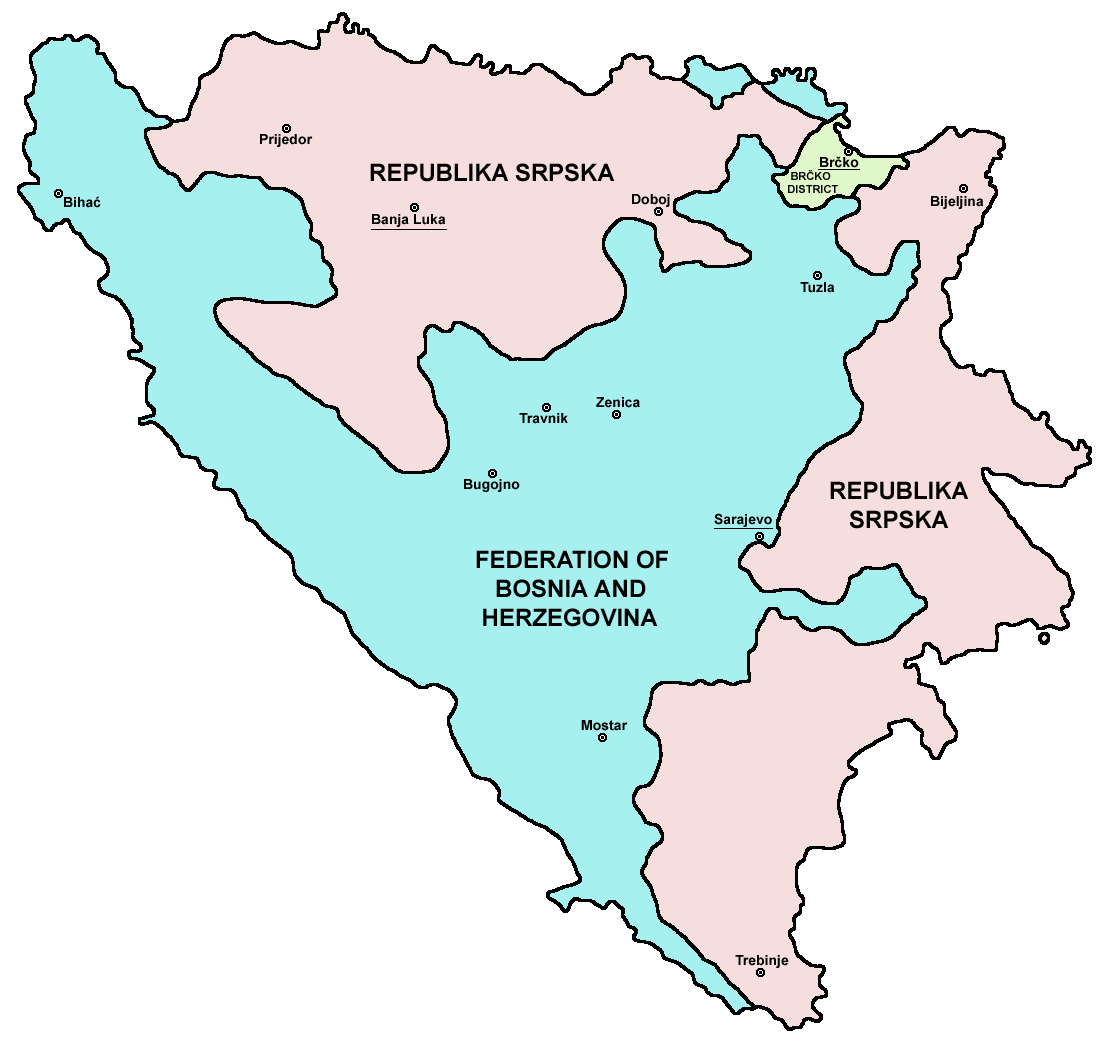 บอสเนียและเฮอร์เซโกวีนาประกอบด้วยสหพันธรัฐบอสเนียและเฮอร์เซโกวีนา (FBiH), เรปูบลิกาเซิร์ปสกา (RS) และเขตบริตช์กอ (BD)