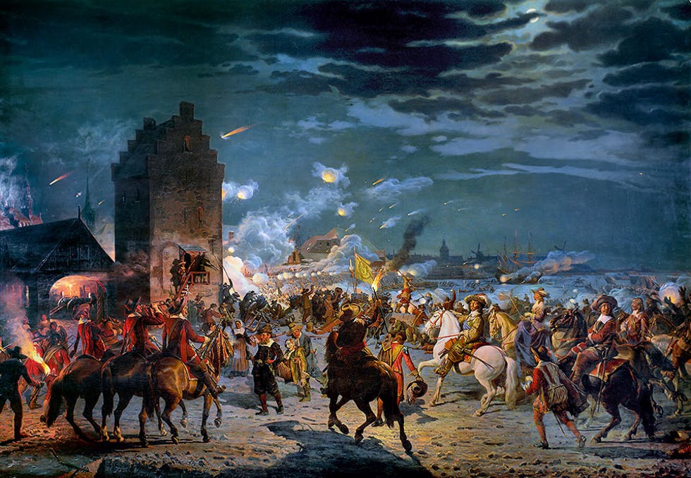 The Assault on Copenhagen on 11 February 1659 during the Second Northern War. Danish defenders, led by King Frederick III, successfully repelled the Swedish forces. Painting by Frederik Christian Lund.