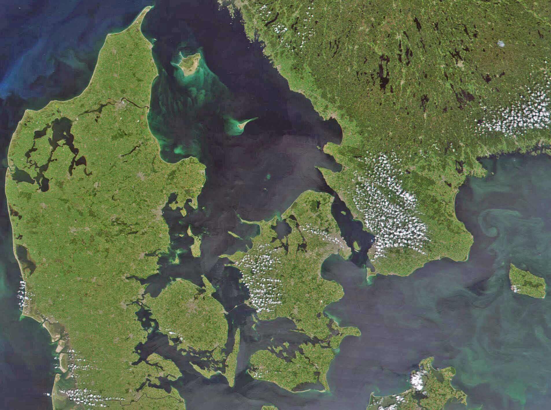 A satellite image of Jutland and the Danish islands, showing the peninsula and the archipelago between the North Sea and the Baltic Sea.