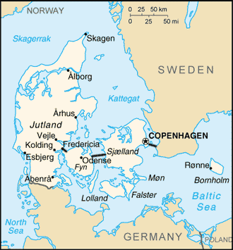A map showing major urban areas, islands, and connecting bridges in Denmark proper.