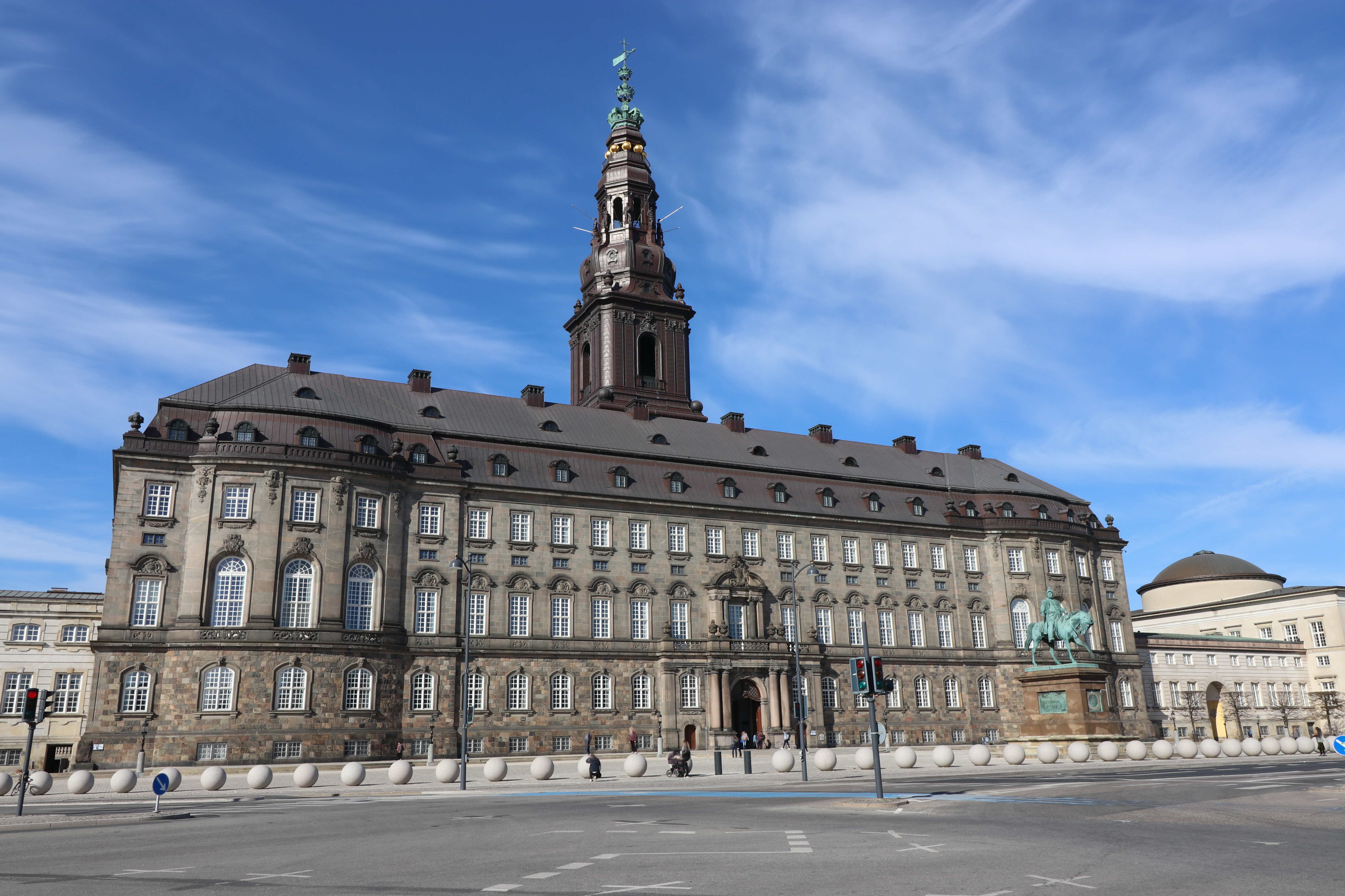 Christiansborg Palace in Copenhagen houses all three branches of Denmark's government: the Folketing (parliament), the Supreme Court, and the Prime Minister's Office.