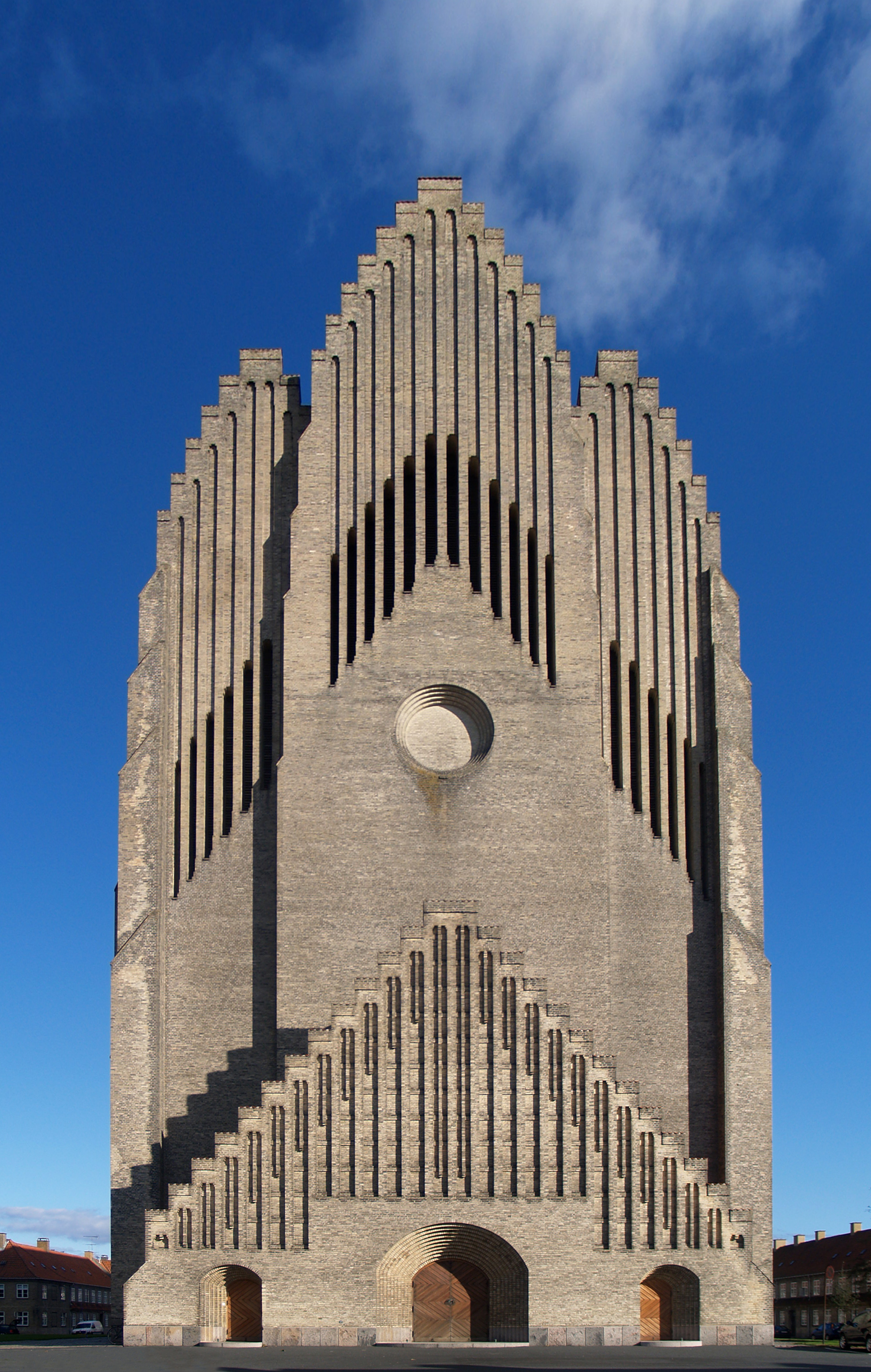 Grundtvig's Church in Copenhagen, designed by Peder Vilhelm Jensen-Klint, is a prominent example of Expressionist architecture in Denmark, heavily influenced by Scandinavian brick Gothic traditions.