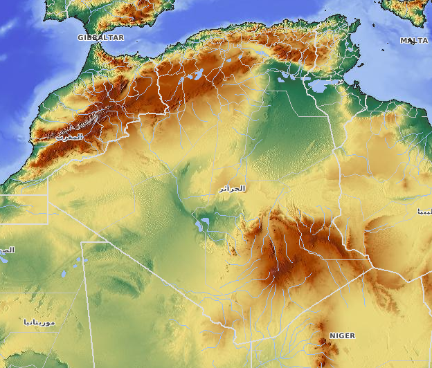 Sahara, Pegunungan Hoggar dan Pegunungan Atlas menyusun relief Aljazair.