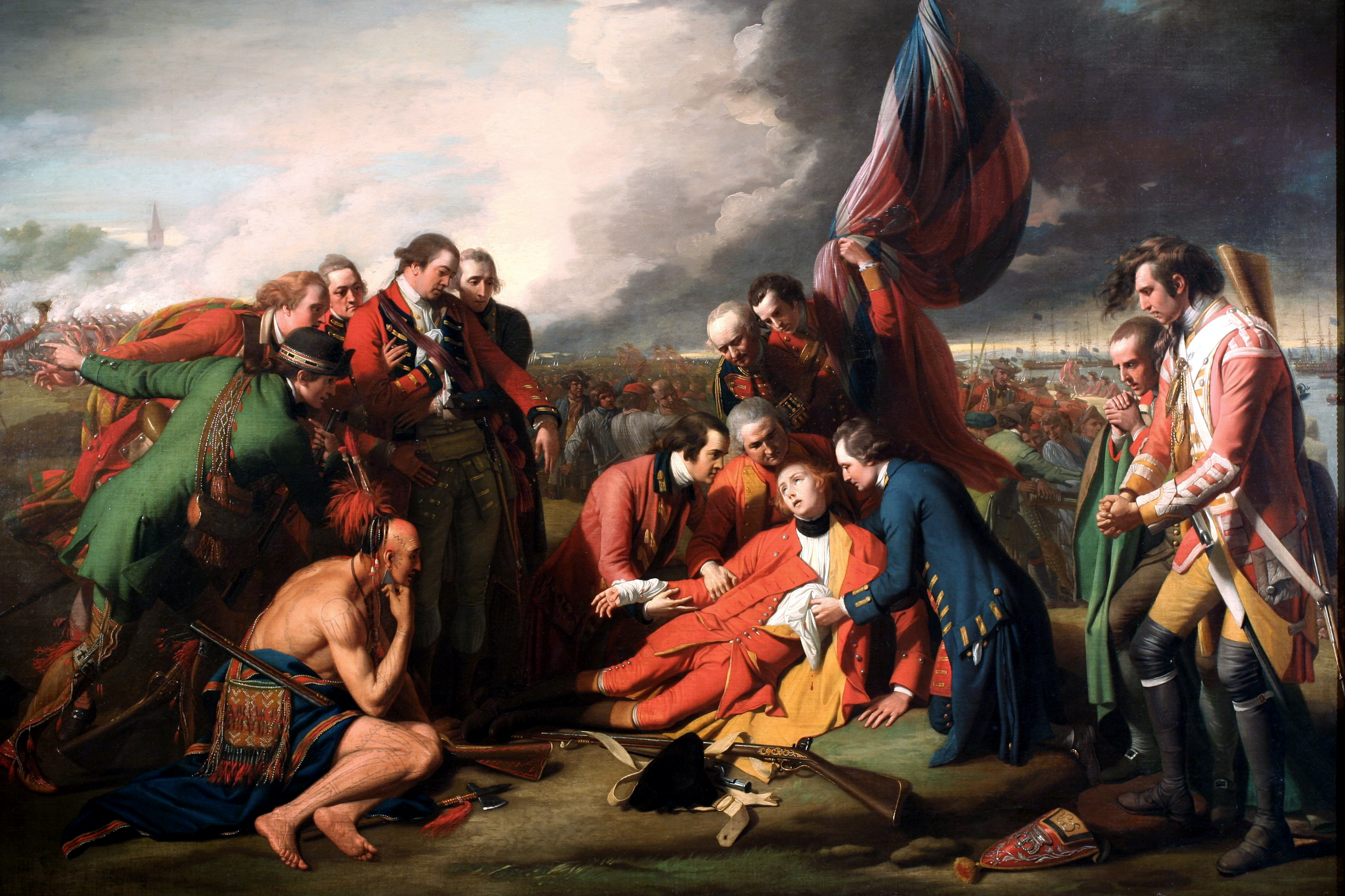 Benjamin West's The Death of General Wolfe (1771) dramatizes James Wolfe's death during the Battle of the Plains of Abraham at Quebec City.